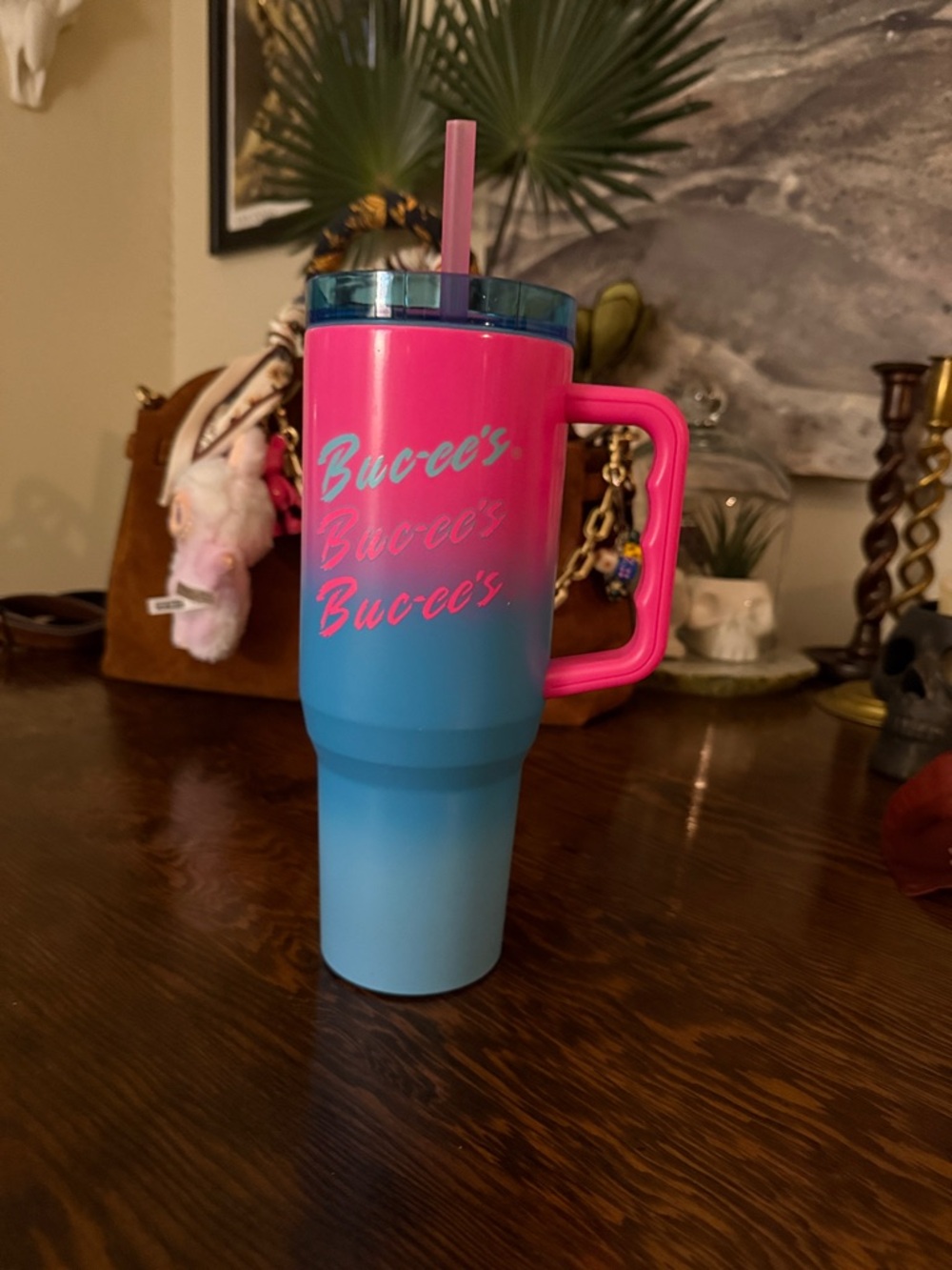 Buc-ee's Pink & Blue Ombre Travel Tumbler with Handle